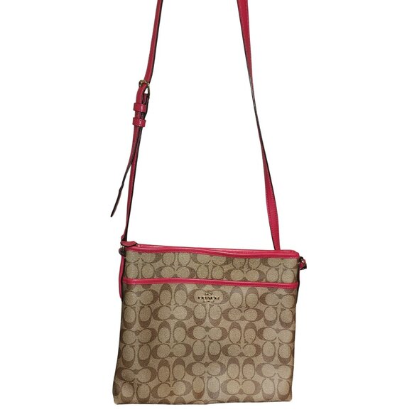 Coach Signature Canvas Crossbody Bag W/Pink Leather Trim Adjust Strap* SEE PICS - Picture 1 of 10